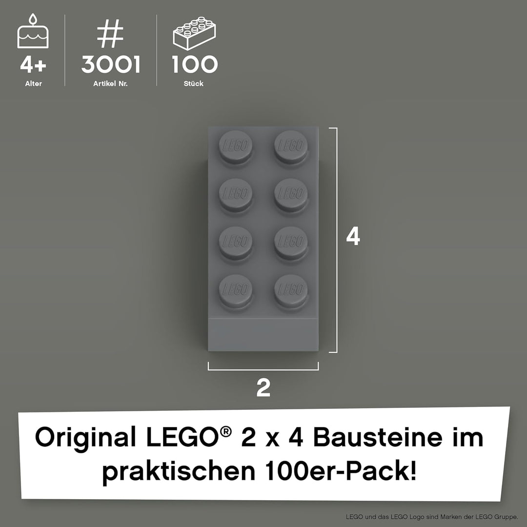 LEGO Steine Grau 2x4 Classic, 100 Stück - Einzelne Graue Bausteine in der Grosspackung, für LEGO Gra