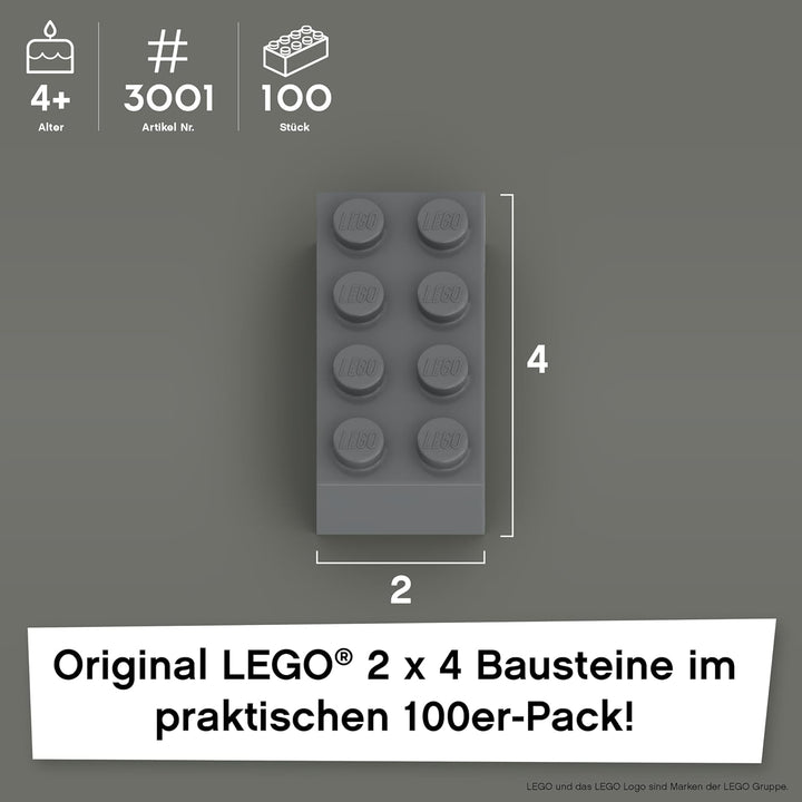 LEGO Steine Grau 2x4 Classic, 100 Stück - Einzelne Graue Bausteine in der Grosspackung, für LEGO Gra