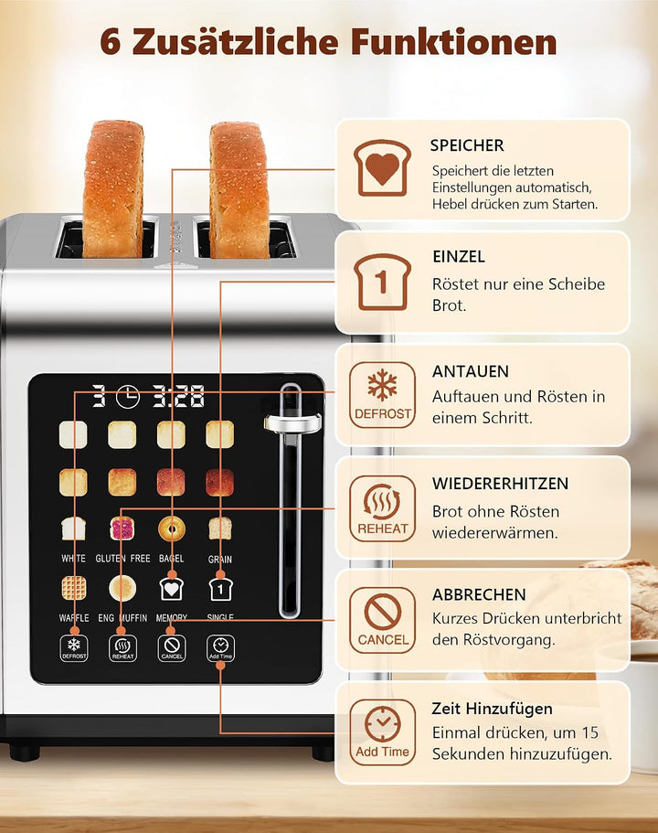 Toaster 2 Scheiben, Edelstahl Langschlitztoaster mit Smart Touchscreen & LED-Countdown, 8 Bräunungss