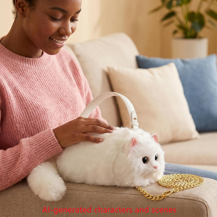 HUIJUFU Realistische Puffy-Plüsch-Katzentasche in Form einer Umhängetasche für Frauen (Weisse Katze)