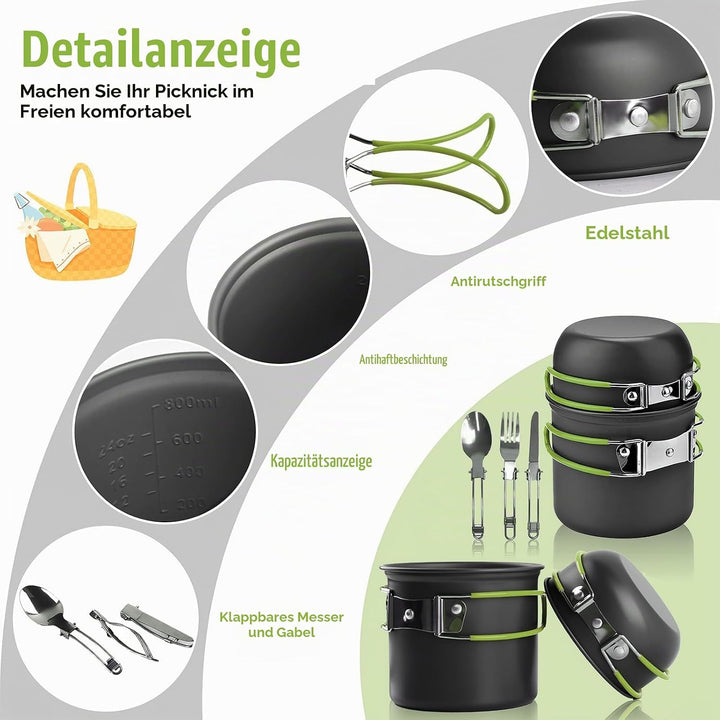Camping Kochgeschirr Set, Essgeschirr Outdoor, Outdoor Kochset, Camping Kochgeschirr Set für 1-2 Per