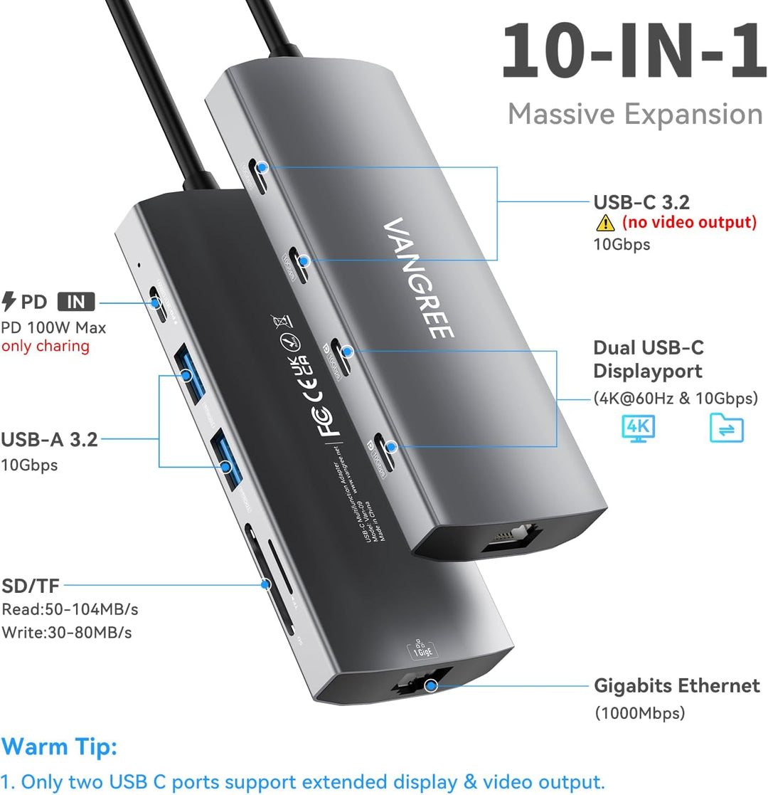 USB-C-Hub mit Dual 4K@60Hz DisplayPorts, 2× USB-A & 2× USB-C 3.2 (10Gbps), Gigabit-Ethernet, 100W PD