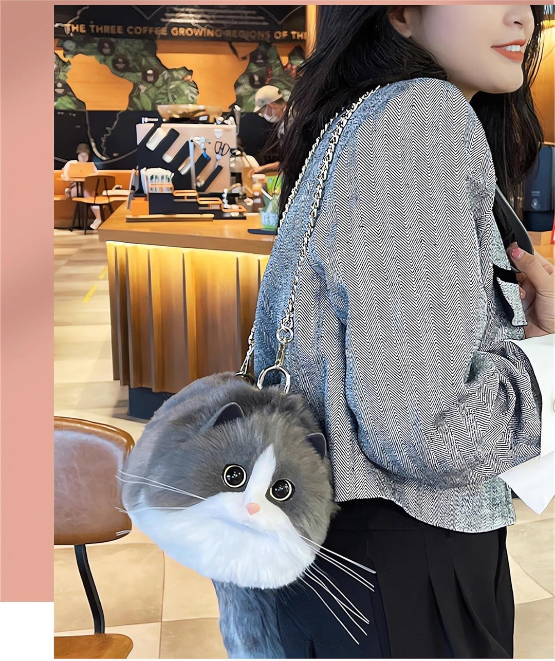 HUIJUFU Realistische Puffy-Plüsch-Katzentasche in Form einer Umhängetasche für Frauen (blau weiss) B