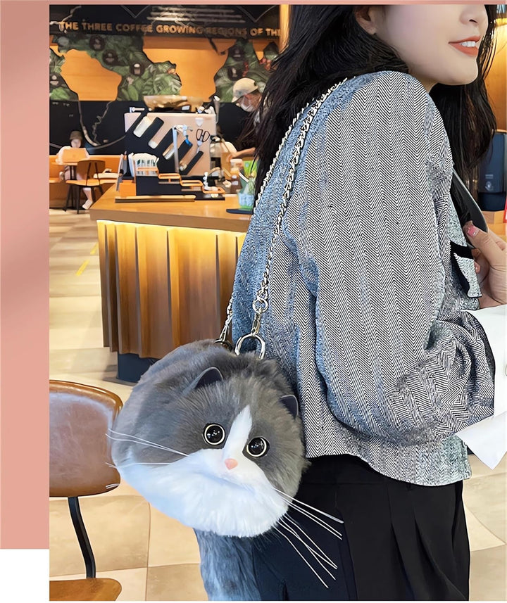 HUIJUFU Realistische Puffy-Plüsch-Katzentasche in Form einer Umhängetasche für Frauen (blau weiss) B