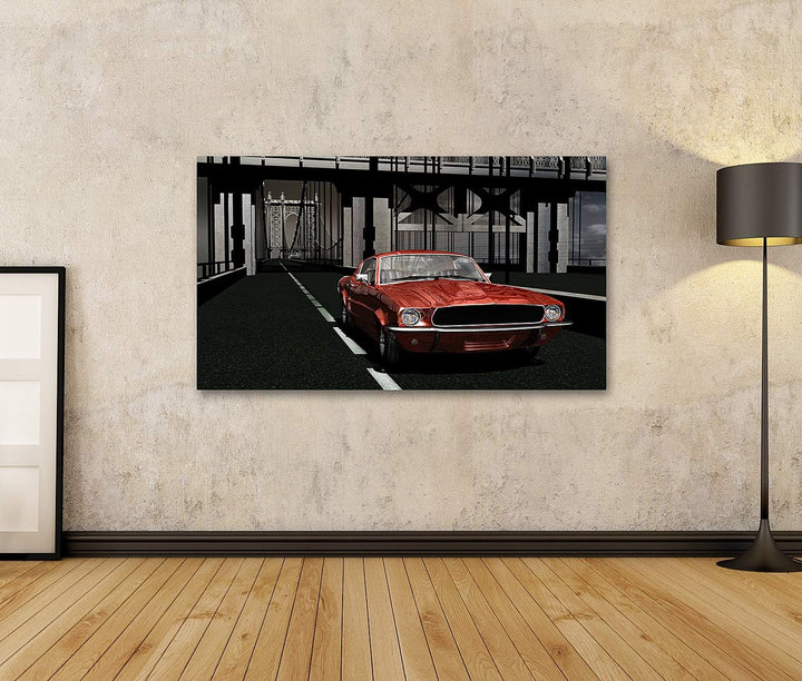 islandburner Bild auf Leinwand Horizontaler Blick Roter 1967Er Mustang Manhattan Bridge Bilder Wandb