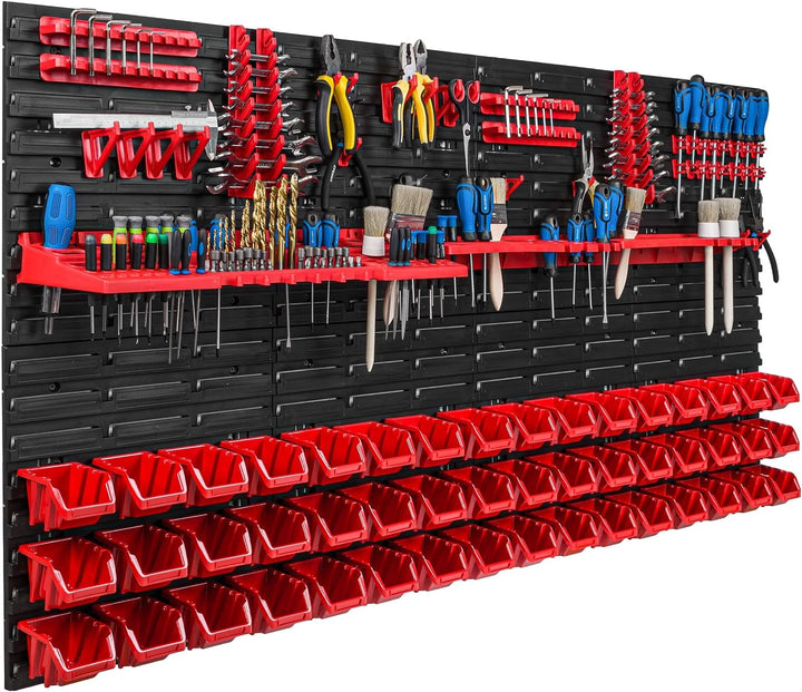 Lagersystem Werkstattregal | 156 x 78 cm | 48 stck. Box | Wandregal mit Werkzeughalterungen und Stap