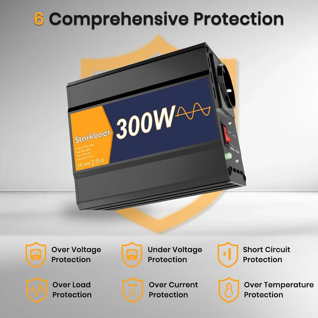 300W/600W Wechselrichter Reiner Sinus 12V auf 230V Spannungswandler, Pure sine Auto Inverter, 4X USB