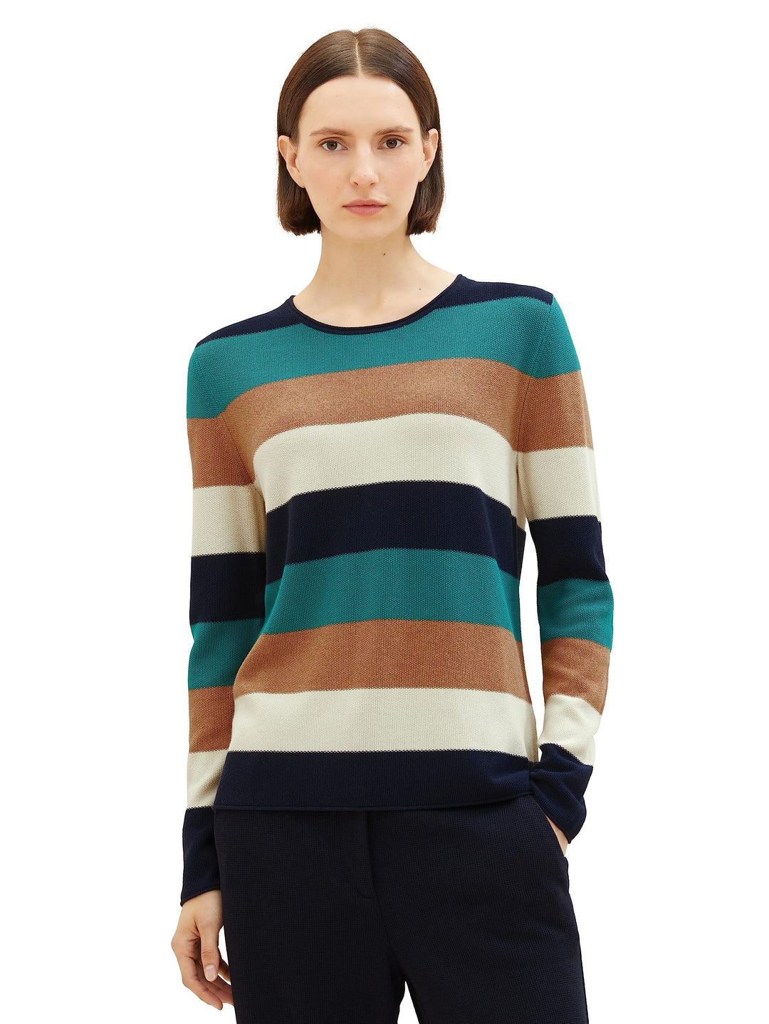 TOM TAILOR Damen Basic Pullover mit Struktur XS 34021 - Navy Teal Knit Stripe, XS 34021 - Navy Teal