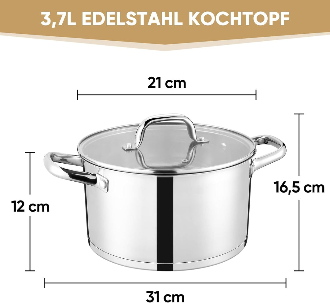 Onader 20cm Kochtopf, 3-Lagiger Boden Edelstahl Topf Induktion mit Glasdeckel, 3,7L nudeltopf Suppen