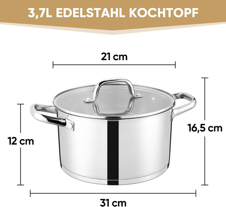 Onader 20cm Kochtopf, 3-Lagiger Boden Edelstahl Topf Induktion mit Glasdeckel, 3,7L nudeltopf Suppen