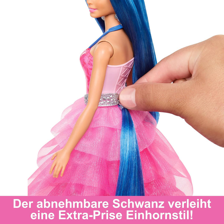 BARBIE Ein verborgener Zauber - Puppe mit Einhorn, pinkfarbenes Kleid mit Saphirblauen Details, Einh