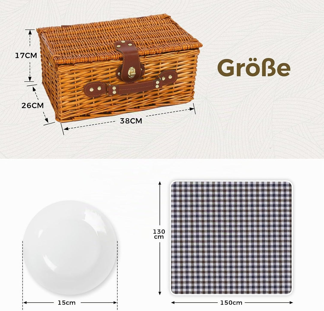Picknickkorb Set für 2 Person mit Kühlfach und wasserdichte Picknickdecke, Abnehmbarer Riemen, Weinb