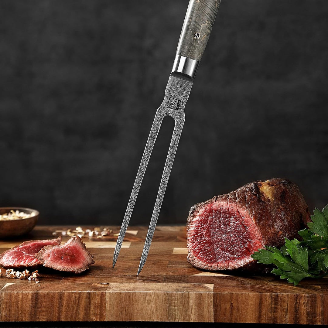 zayiko Professional Series Damast Fleischgabel 18 cm Klinge gefertigt aus 67 Lagen Damaststahl I Tra