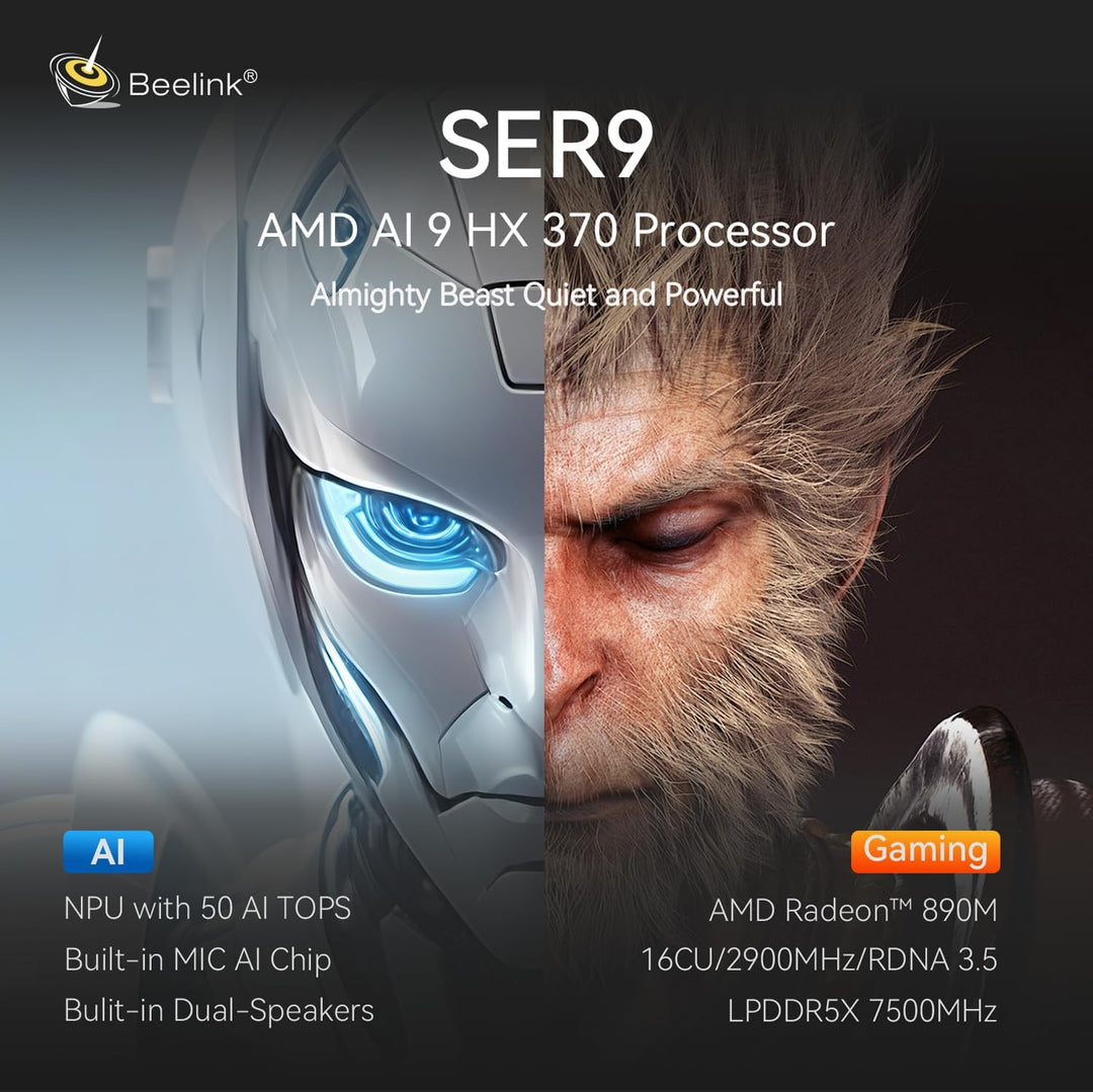 Beelink Mini PC SER9, AMD Ryzen 9 AI HX 370(12C/24T bis zu 5,1GHz), 32GB LPDDR5X 1TB PCIe4.0 SSD Min