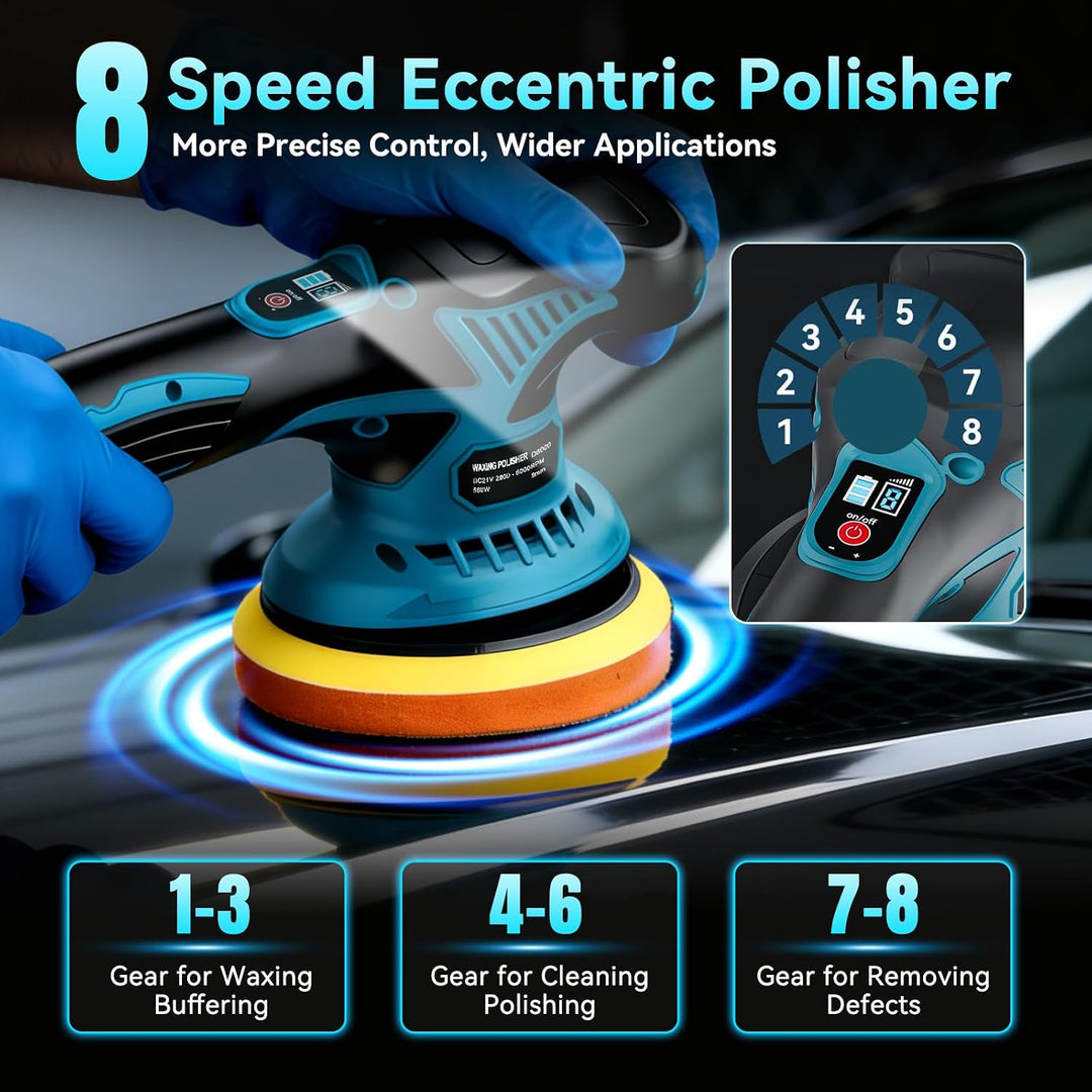 Yofuly Akku Autopoliermaschine 6 Zoll, 8 Stufen Orbital Polierer Set mit 2x 2000mAh Akkus, Exzenter
