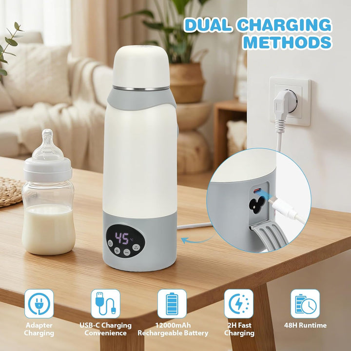 Tragbarer Flaschenwärmer mit 22 Temperaturstufen (37–100°C), 12000mAh Akku, Schnellheizung &amp; Pasteur