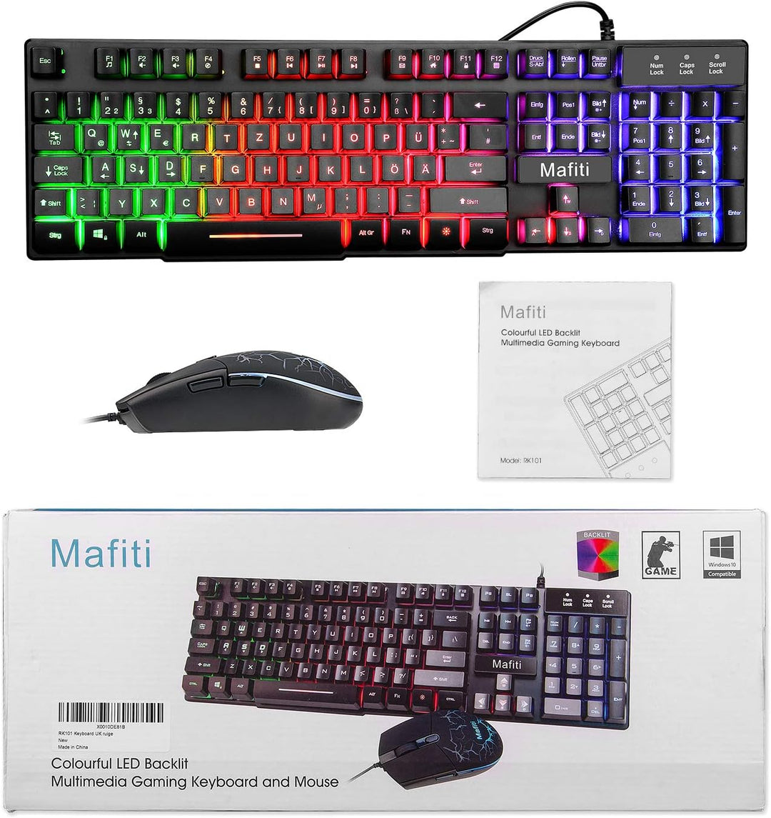 Mafiti Tastatur und Maus Set, Kabelgebundenes, LED Hintergrundbeleuchtung QWERTZ (DE-Layout), Regenb