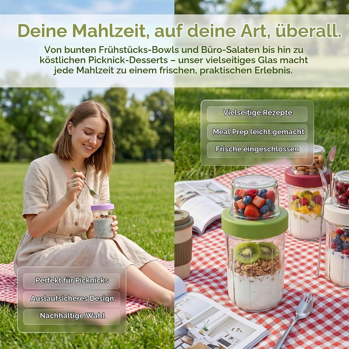 4er Set Müslibecher To Go, 621ml Joghurtbecher To Go mit Löffel, 16 oz+5 oz Overnight Oats Gläser, 2