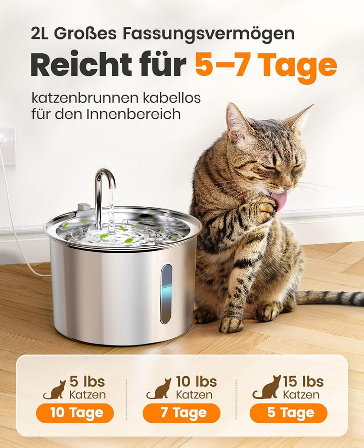 oneisall Katzenbrunnen Edelstahl, 2L Trinkbrunnen für Katze, Extrem Leiser Katzen Trinkbrunnen mit W