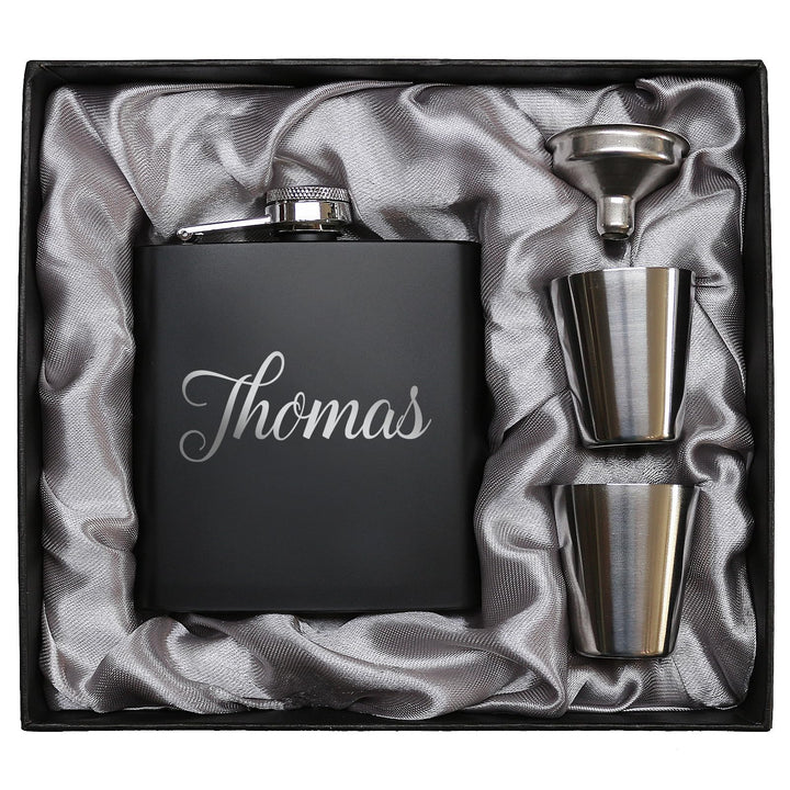 Flachmann mit Gravur. Edelstahl Flachmann personalisiert. Geschenke für Männer. Schwarz, Schwarz