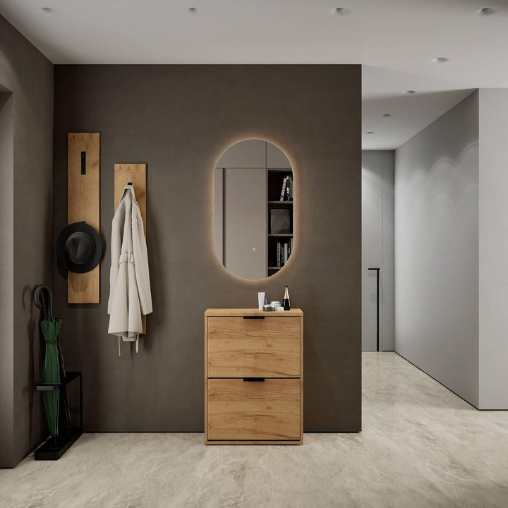 Planetmöbel Schuhschrank schmal mit 2 Klappen platzsparender Schuhregal mit 4 Ablagen, Schuhkommode