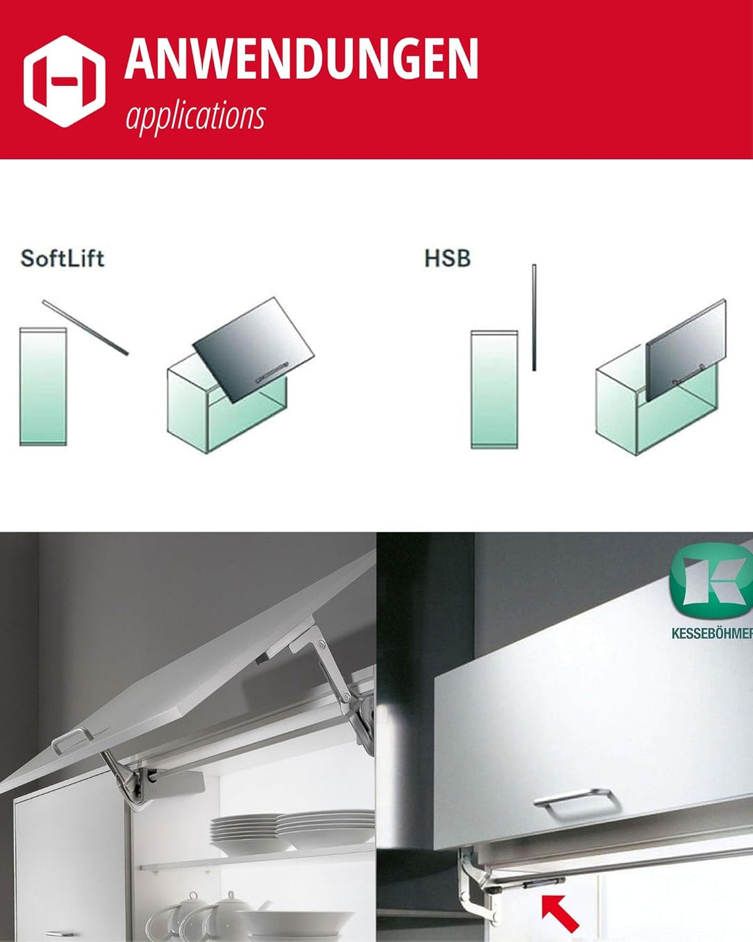 Gedotec 2x Gasdruckfeder 450N - Kesseböhmer Gasdruckdämpfer für HSB Hochschwenkbeschlag - Stossdämpf