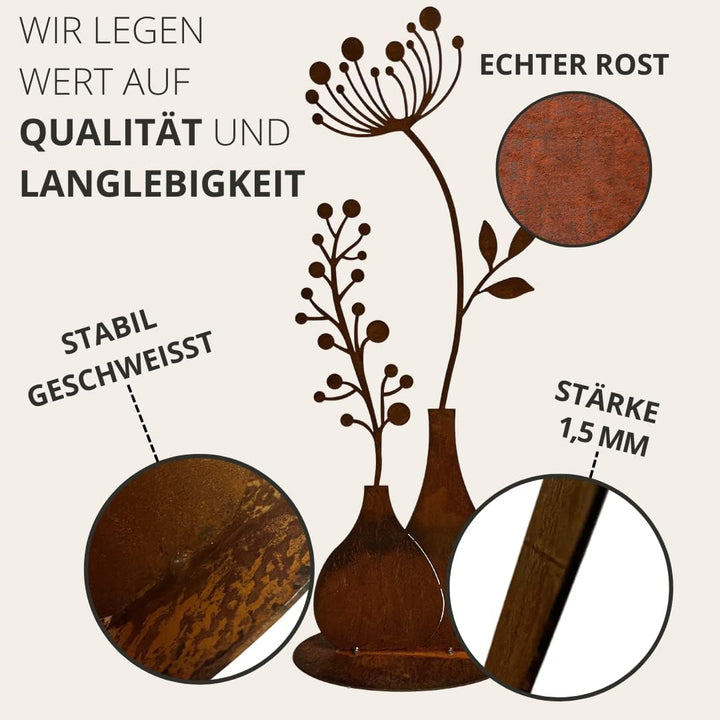 Terma Stahldesign Rost Figur Blume in Vase 50cm Pusteblume Gartendeko für draussen und drinnen Garte