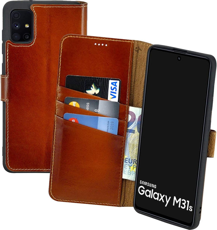 Suncase Book-Style Hülle kompatibel mit Samsung Galaxy M31s Leder Tasche (Slim-Fit) Lederhülle Handy