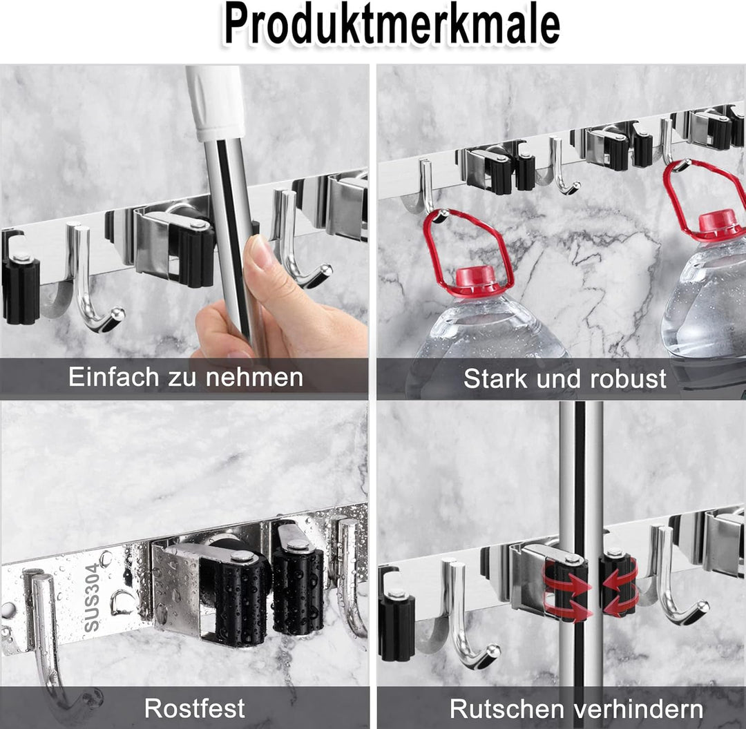 Besenhalterung Wand, 5 Halter + 4 Haken Schwerlast Gerätehalter Selbstklebend, Besenhalter mit Nails