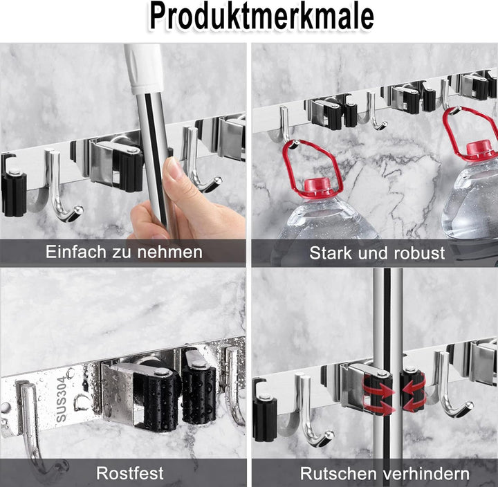 Besenhalterung Wand, 5 Halter + 4 Haken Schwerlast Gerätehalter Selbstklebend, Besenhalter mit Nails