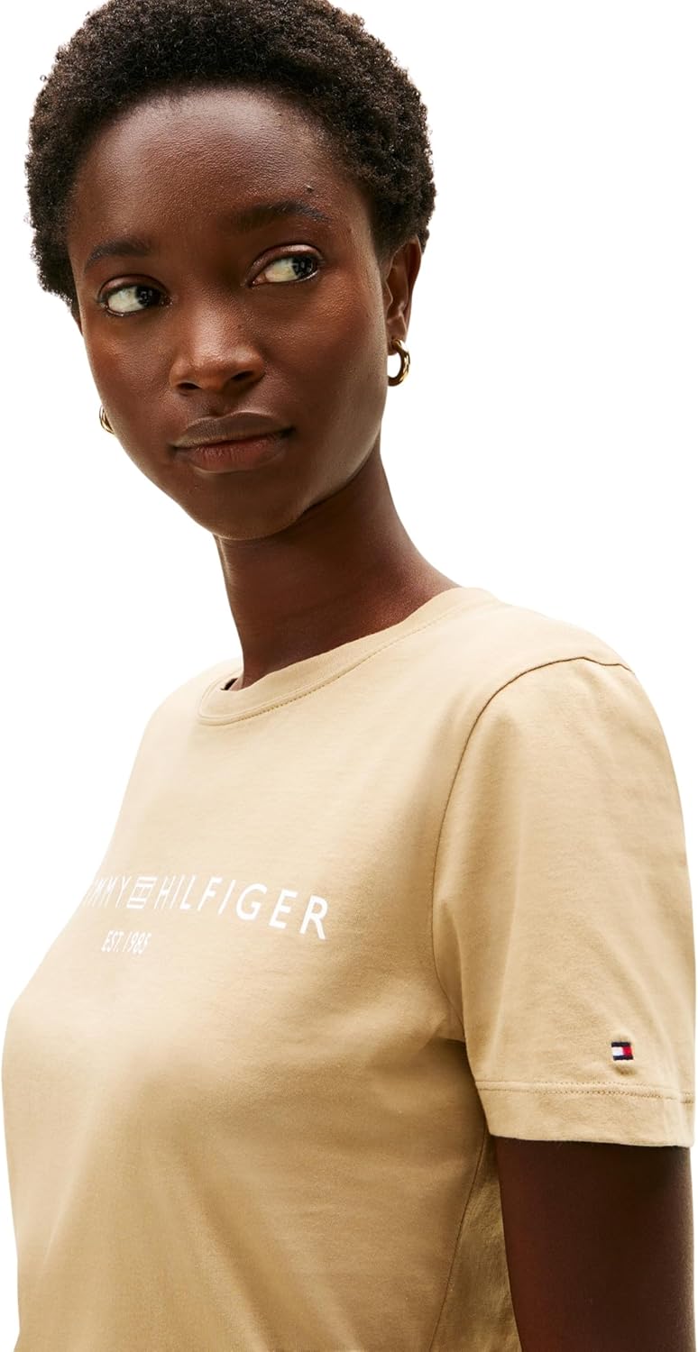 Tommy Hilfiger Damen Reg Corp Logo C-nk Ss Ww0ww40276 Kurzarm Strickoberteile (1er Pack) M Beige (Dr