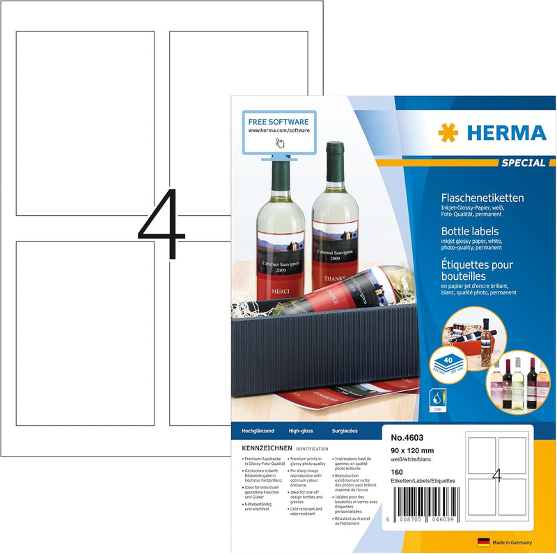 HERMA 4603 Flaschenetiketten, 40 Blatt, 90 x 120 mm, 4 Stück pro A4 Bogen, 160 Aufkleber, selbstkleb