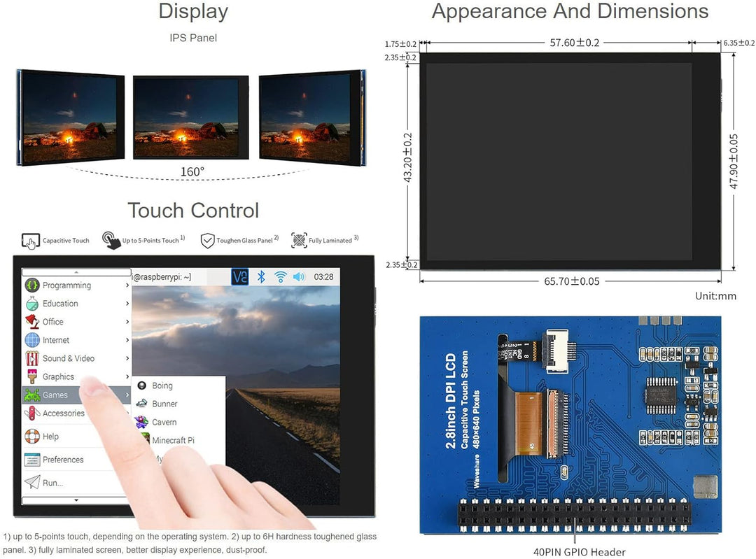 Waveshare 2.8inch Capacitive Touch Screen LCD for Raspberry Pi 480×640 DPI IPS Display Fully Laminat