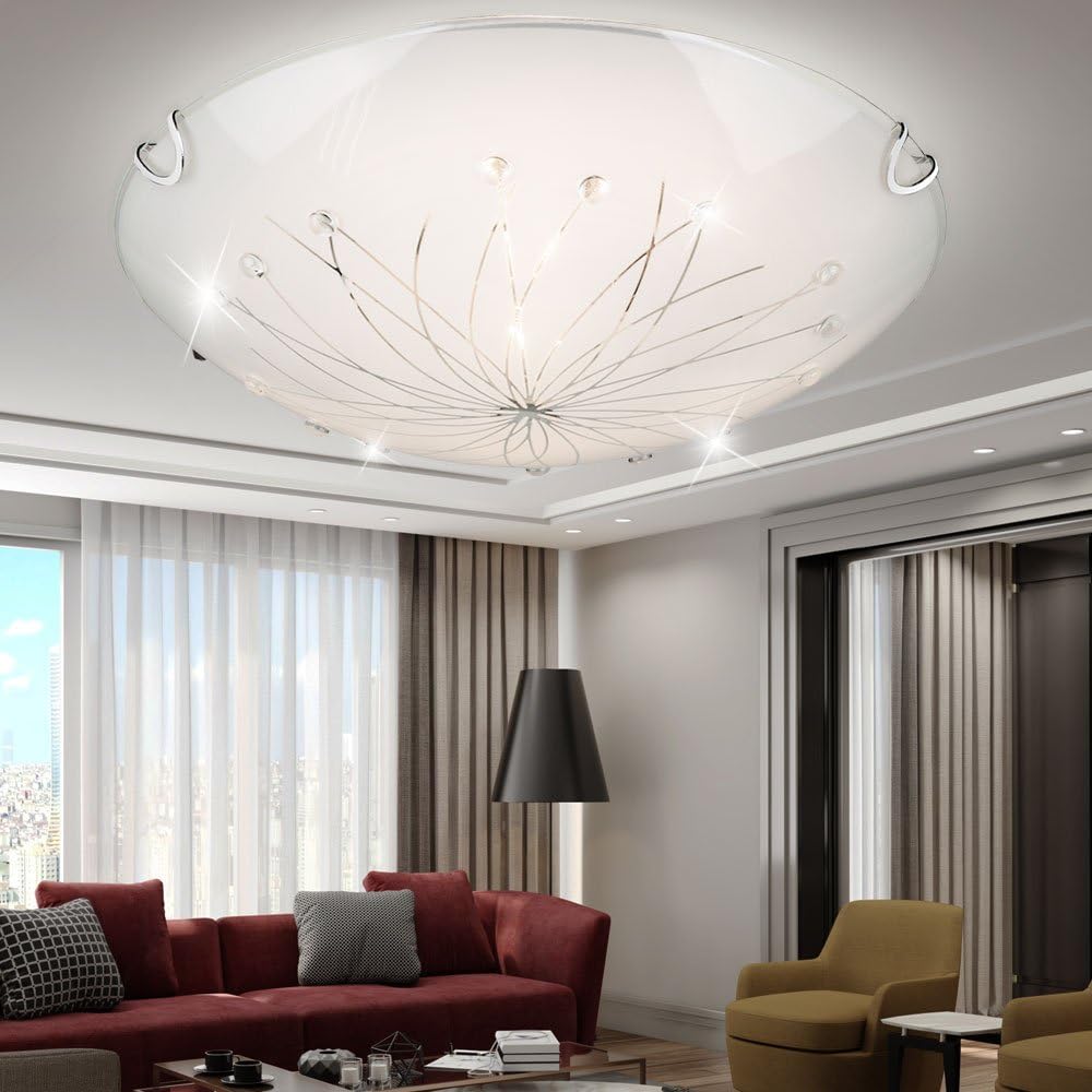 Design Decken Leuchte Glas satiniert Dekor Linien Steine klar Lampe Chrom Globo 40402-2