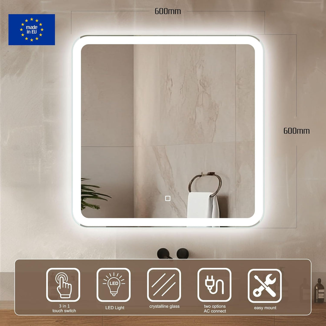 Venti 60x60cm Badspiegel mit Beleuchtung, Badezimmerspiegel mit Beleuchtung, LED Badspiegel, Quadrat