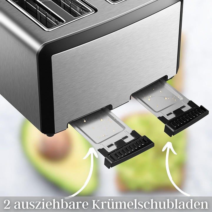 XXL Toaster 4 Toastschlitze | Toastautomat | 1600 Watt | 6-Stufen Bräuneregler | 2x Brötchenaufsatz