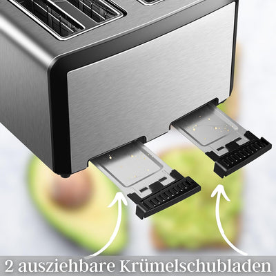 XXL Toaster 4 Toastschlitze | Toastautomat | 1600 Watt | 6-Stufen Bräuneregler | 2x Brötchenaufsatz