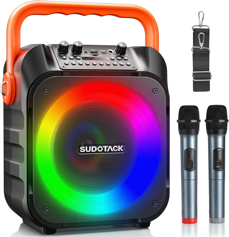 SUDOTACK Tragbare Karaoke Maschine mit 2 kabellose Mikrofone, Bluetooth Lautsprecher Box für Erwachs