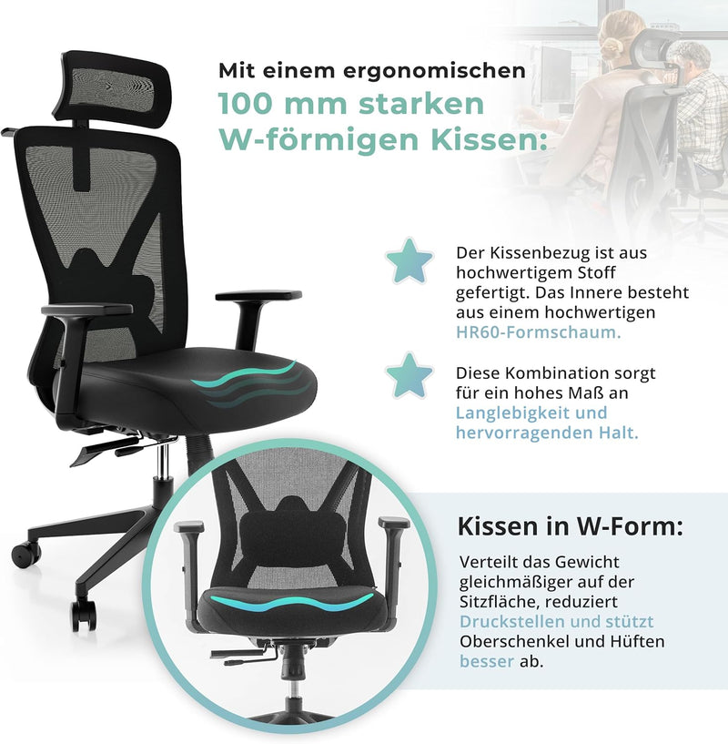 Backerz Bürostuhl Ergonomisch - Bürostühle 150kg, TUV & NEN 1335 zertifiziert - Office Schreibtischs