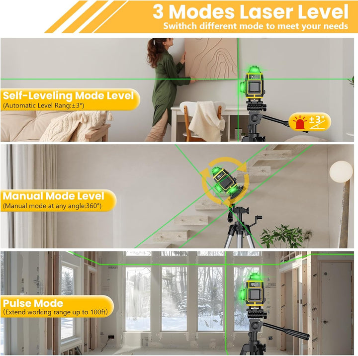 Kreuzlinienlaser Grün 16 Linien,4 x 360 °Laser Wasserwaage Selbstnivellierend,Nivellierlaser mit LED