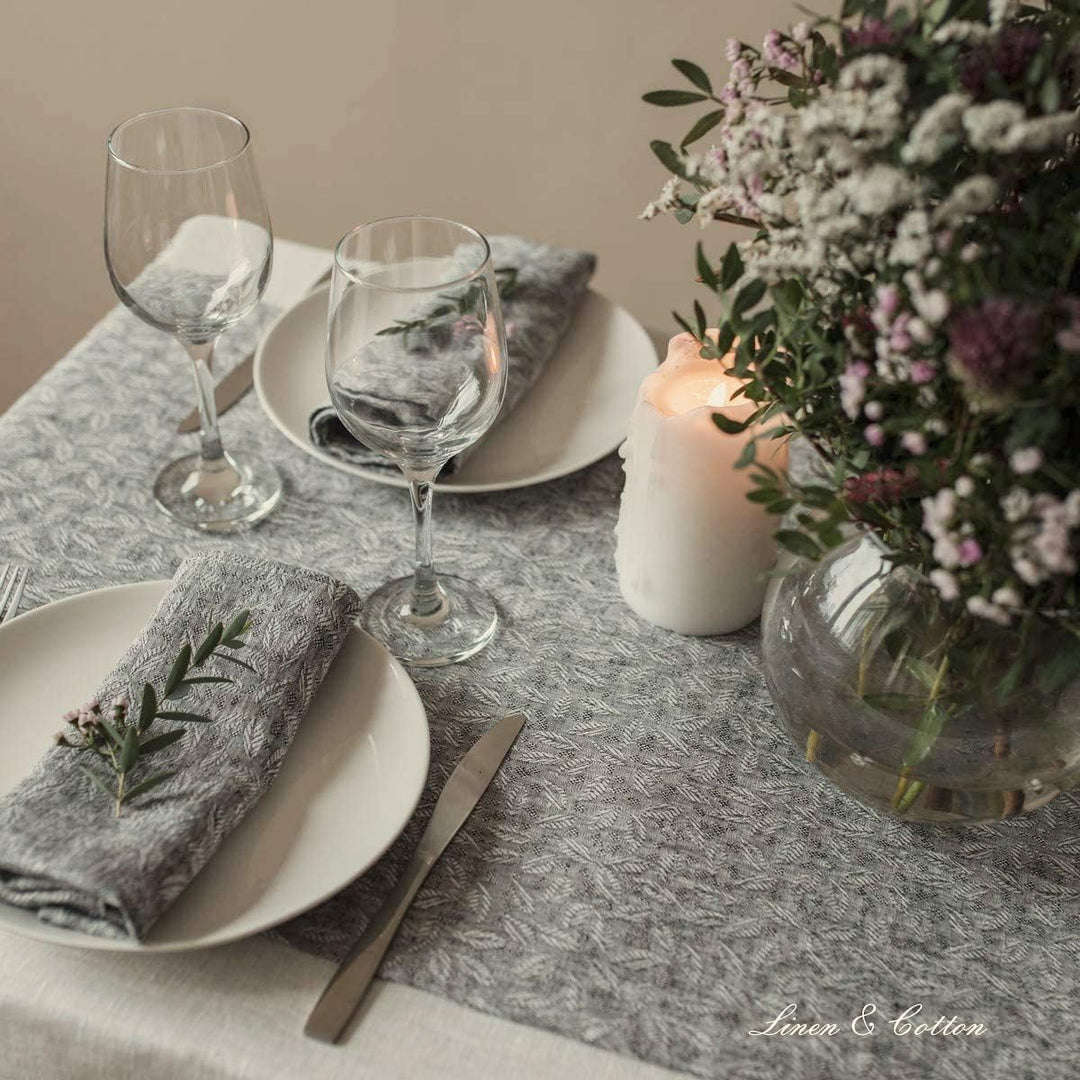 Linen &amp; Cotton Deluxe Jacquard Damast Tischläufer Stoff Tischband Tischdeko Isla - 100% Leinen, Schw