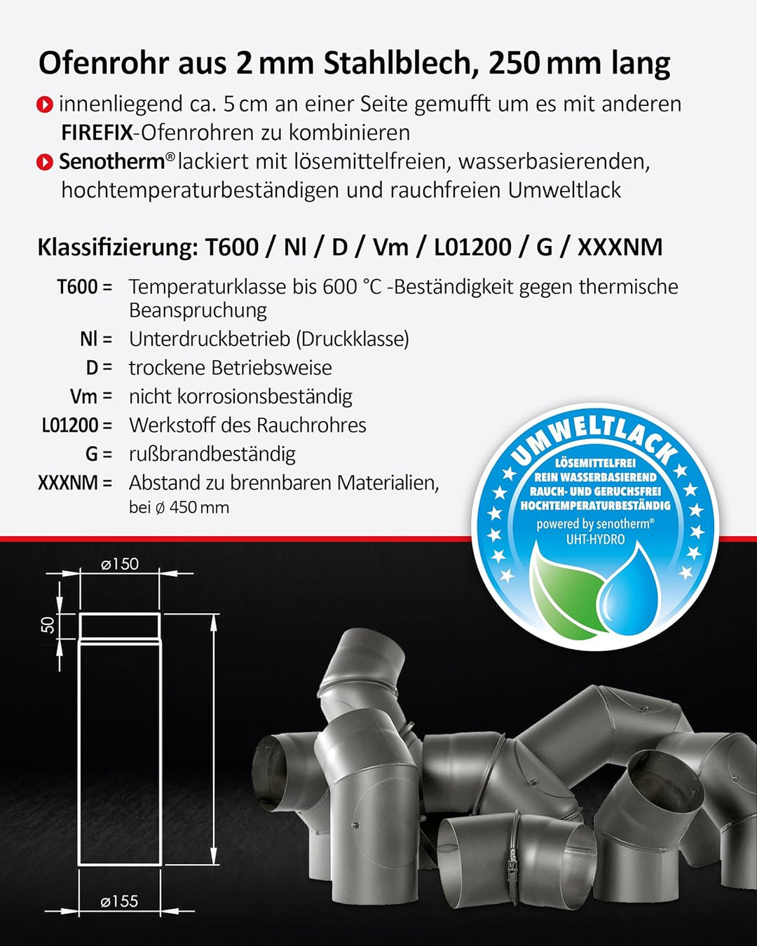 FIREFIX R150/2 Ofenrohr aus 2 mm starken Stahl (Rauchrohr) in 150 mm Durchmesser, für Kaminöfen und
