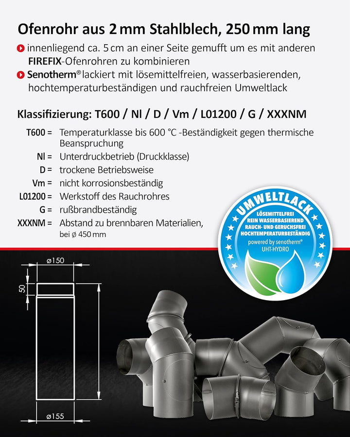 FIREFIX R150/2 Ofenrohr aus 2 mm starken Stahl (Rauchrohr) in 150 mm Durchmesser, für Kaminöfen und
