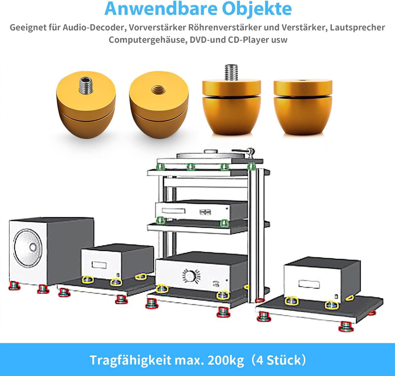 Tertullus 4 Stück Lautsprecher Füsse Aluminium Füsse Shock Absorber Schwingungsdämpfer für Lautsprec