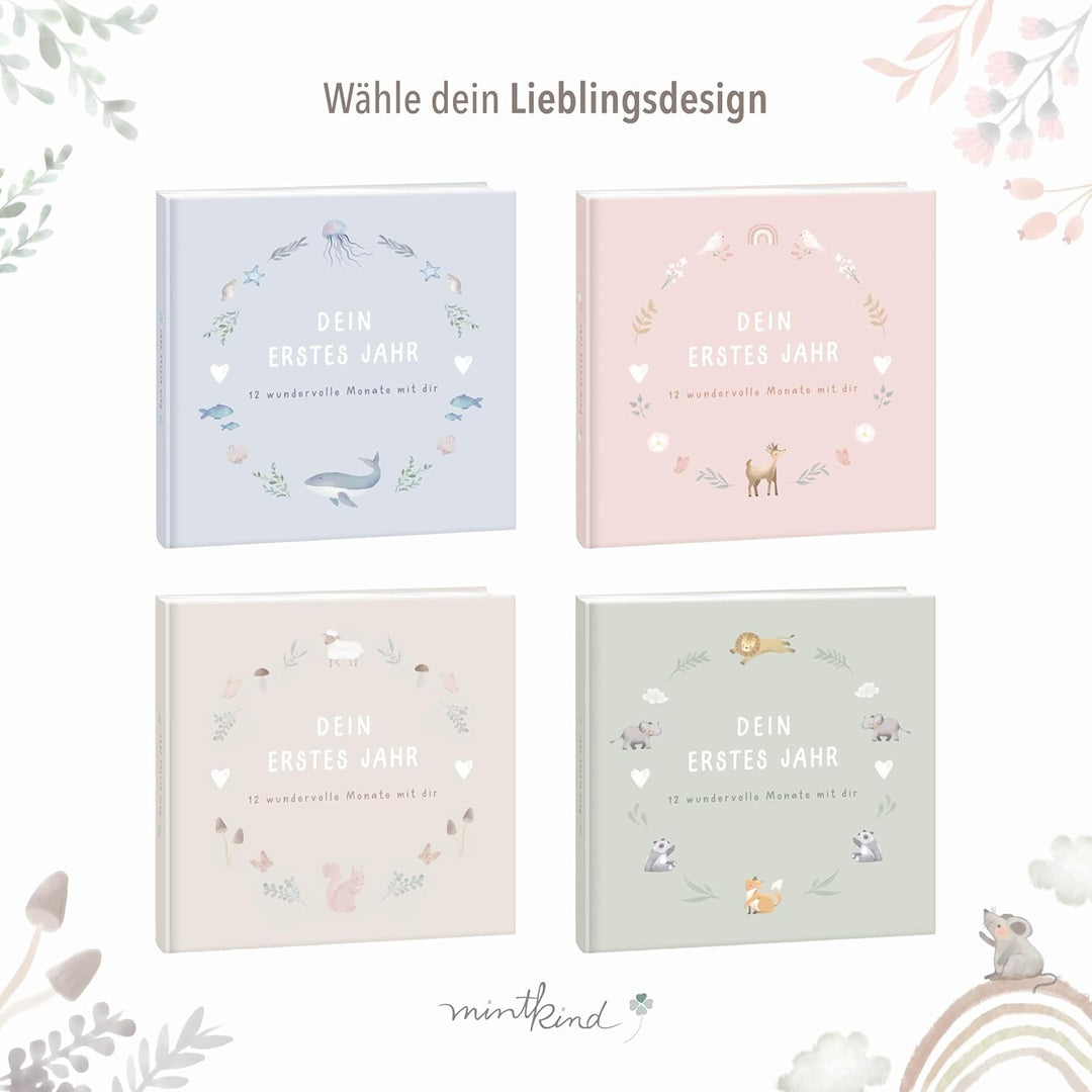 mintkind® Mein erstes Jahr Babyalbum Beige Leinen – zeitloses Babytagebuch mit 176 Seiten und Sticke