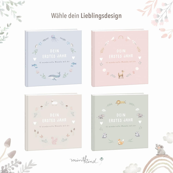 mintkind® Mein erstes Jahr Babyalbum Beige Leinen – zeitloses Babytagebuch mit 176 Seiten und Sticke
