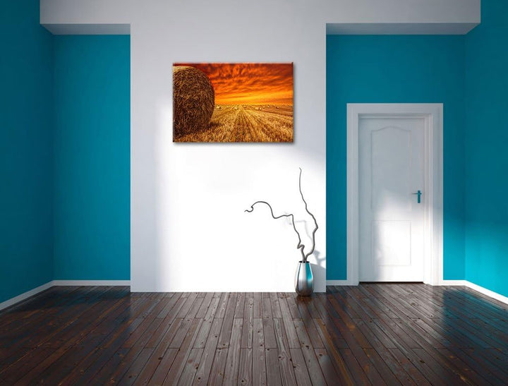 Feld im Sonnenuntergang Format: 100x70 auf Leinwand, XXL riesige Bilder fertig gerahmt mit Keilrahme