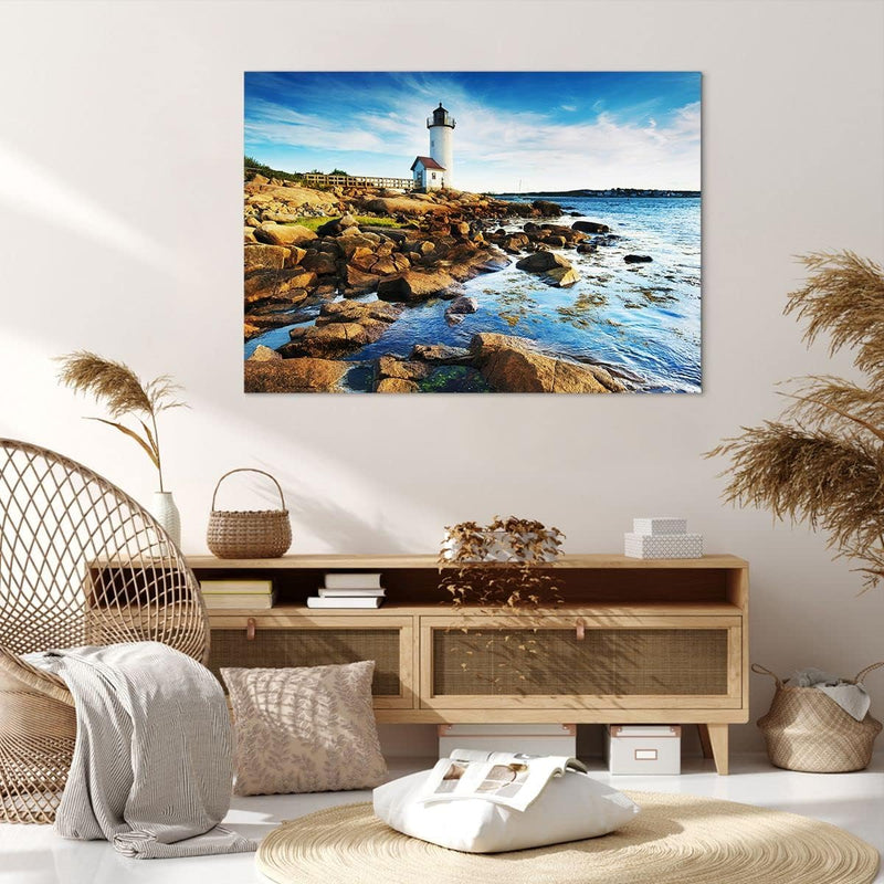 Bilder auf Leinwand 100x70cm Leinwandbild Leuchtturm Ufer Wolke Landschaft Gross Wanddeko Bild Schla