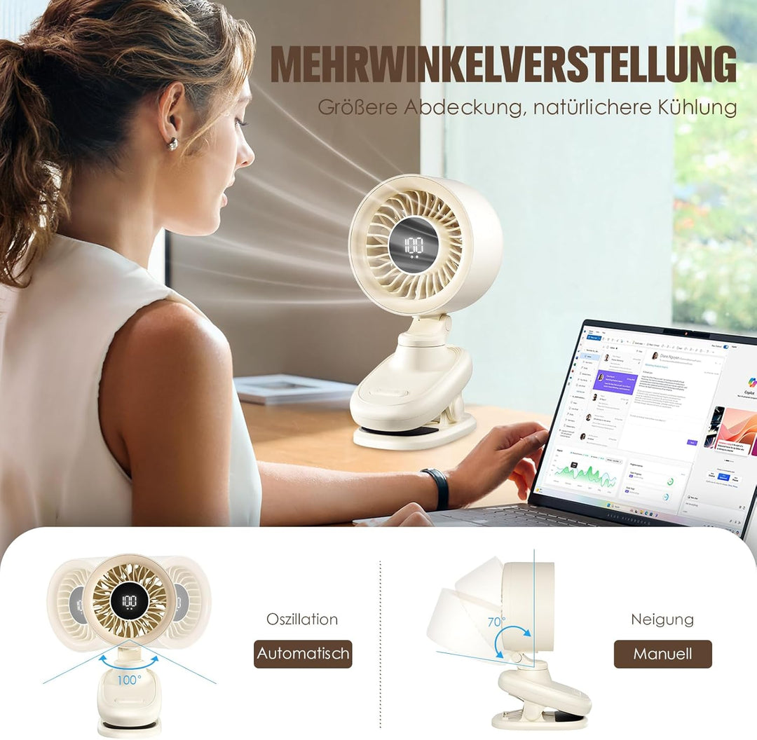 TRILINK Clip-Ventilator Akku, mini USB Tischventilator mit Oszillation, Timer, stufenloser Regelung