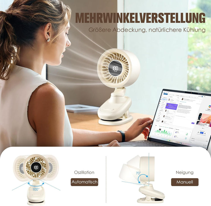 TRILINK Clip-Ventilator Akku, mini USB Tischventilator mit Oszillation, Timer, stufenloser Regelung